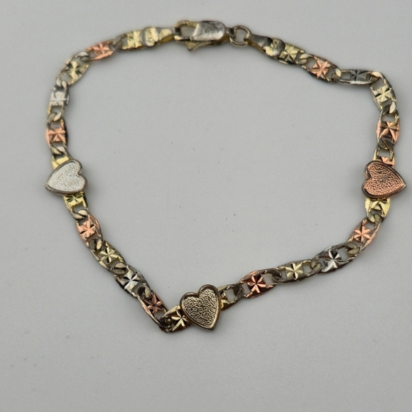 8" Italian 18K Solid Gold Tri Color Heart Bracelet 4.52g 750 Italy Textured - Picture 1 of 13